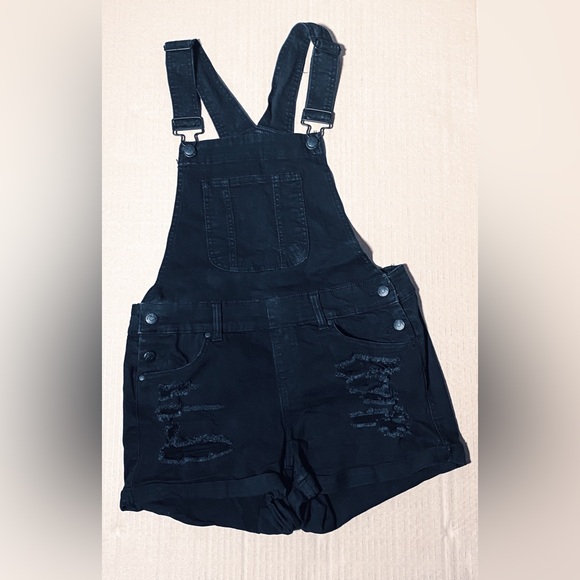 Blue Spice  BLACK Distressed Stretch Denim Bib Overall Cuffed Shorts - Picture 3 of 13